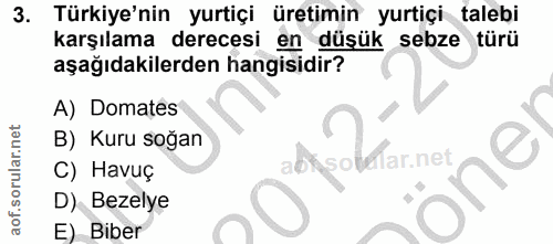 3. soru: Türkiye'nin yurtiçi üretimin yurtiçi talebi karşılama derecesi en düşük sebze türü aşağıdakilerden hangisidir? A) Dom…