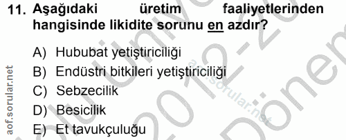 11. soru: Aşağıdaki üretim faaliyetlerinden hangisinde likidite sorunu en azdır? A) Hububat yetiştiriciliği B) Endüstri bitkile…