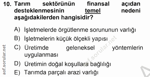 10. soru: Tarım sektörünün finansal açıdan desteklenmesinin temel nedeni aşağıdakilerden hangisidir? A) İşletmelerde örgütlenme…