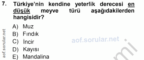 7. soru: Türkiye'nin kendine yeterlik derecesi en düşük meyve türü aşağıdakilerden hangisidir? A) Muz B) Fındık C) İncir D) Ka…