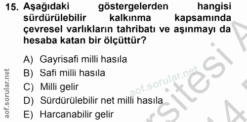 15. soru: Aşağıdaki göstergelerden hangisı sürdürülebilir kalkınma kapsamında çevresel varlıkların tahribatı ve aşınmayı da hes…