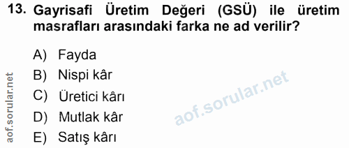13. soru: Gayrisafi Üretim Değeri (GSÜ) ile üretim masrafları arasındaki farka ne ad verilir? A) Fayda B) Nispi kâr C) Üretici…