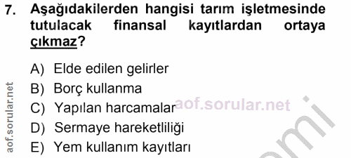 7. soru: Aşağıdakilerden hangisi tarım işletmesinde tutulacak finansal kayıtlardan ortaya çıkmaz? A) Elde edilen gelirler B) B…