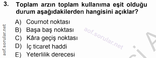 3. soru: Toplam arzın toplam kullanıma eşit olduğu durum aşağıdakilerden hangisini açıklar? A) Cournot noktası B) Başa baş nok…