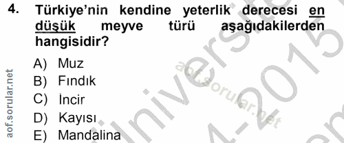 4. soru: Türkiye'nin kendine yeterlik derecesi en düşük meyve türü aşağıdakilerden hangisidir? A) Muz B) Fındık Incir D) Kayıs…