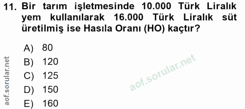 11. soru: Bir tarım işletmesinde 10.000 Türk Liralık yem kullanılarak 16.000 Türk Liralık süt üretilmiş ise Hasıla Oranı (HO) k…