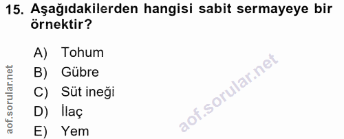 15. soru: Aşağıdakilerden hangisi sabit sermayeye bir örnektir? A) Tohum B) Gübre C) Süt ineği D) llaç E) Yem