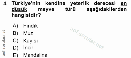 4. soru: Türkiye'nin kendine yeterlik derecesi en düşük meyve türü aşağıdakilerden hangisidir? A) Fındık B) Muz C) Kayısı D) I…