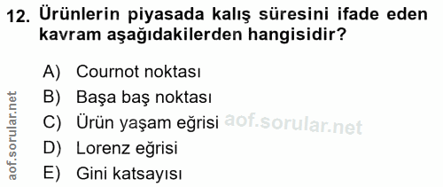 12. soru: Urünlerin piyasada kalış süresini ifade eden kavram aşağıdakilerden hangisidir? A) Cournot noktası B) Başa baş noktas…