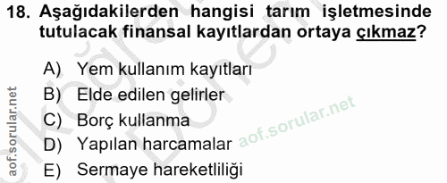 18. soru: Aşağıdakilerden hangisi tarım işletmesinde tutulacak finansal kayıtlardan ortaya çıkmaz? A)._ Yem kullanım kayıtları…