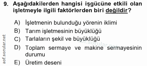 9. soru: Aşağıdakilerden hangisi işgücüne etkili olan işletmeyle ilgili faktörlerden biri değildir? A) Işletmenin bulunduğu yö…