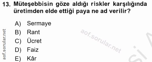 13. soru: Müteşebbisin göze aldığı riskler karşılığında üretimden elde ettiği paya ne ad verilir? A) Sermaye B) Rant C) Ücret D…