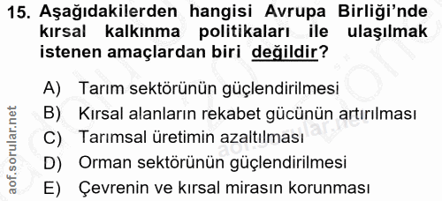 15. soru: Aşağıdakilerden hangisi Avrupa Birliği'nde kırsal kalkınma politikaları ile ulaşılmak istenen amaçlardan biri değildi…