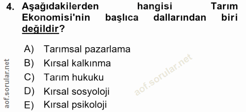 4. soru: Aşağıdakilerden hangisi Tarım Ekonomisi'nin başlıca dallarından biri değildir? A) Tarımsal pazarlama B) Kırsal kalkın…