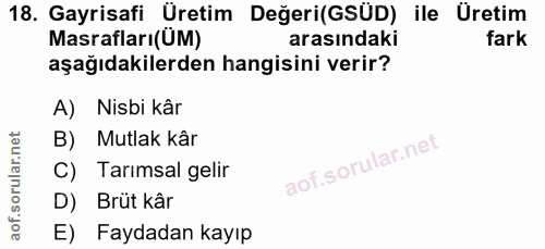 18. soru: Gayrisafi Üretim Değeri(GSÜD) ile Üretim Masrafları(UM) arasındaki fark aşağıdakilerden hangisini verir? A) Nisbi kâr…