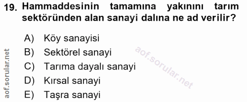19. soru: Hammaddesinin tamamına yakınını tarım sektöründen alan sanayi dalına ne ad verilir? A) Köy sanayisi B) Sektörel sanay…