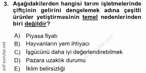 3. soru: Aşağıdakilerden hangisi tarım işletmelerinde çiftçinin gelirini dengelemek adına çeşitli ürünler yetiştirmesinin teme…