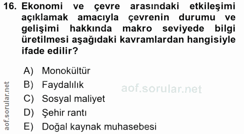 16. soru: Ekonomi ve çevre arasındaki etkileşimi açıklamak amacıyla çevrenin durumu ve gelişimi hakkında makro seviyede bilgi ü…