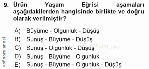 9. soru: Urün Yaşam Egrisi aşamaları aşağıdakilerden hangisinde birlikte ve doğru olarak verilmiştir? A) Büyüme - Olgunluk - D…