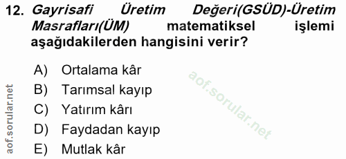 12. soru: Gayrisafi Üretim Değeri(GSÜD)-Üretim Masrafları(ÜM) matematiksel işlemi aşağıdakilerden hangisini verir? A) Ortalama…