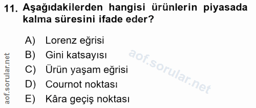 11. soru: Aşağıdakilerden hangisi ürünlerin piyasada kalma süresini ifade eder? A) Lorenz eğrisi B) Gini katsayısı 9OF Ürün yaş…