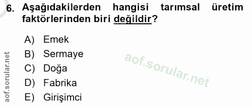 6. soru: Aşağıdakilerden hangisi tarımsal üretim faktörlerinden biri değildir? A) Emek B) Sermaye C) Doğa D) Fabrika E) Girişimci