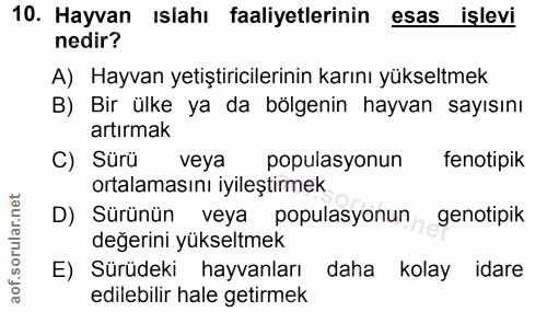 10. soru: Hayvan ıslahı faaliyetlerinin esas işlevi nedir? A) Hayvan yetiştiricilerinin karını yükseltmek B) Bir ülke ya da böl…