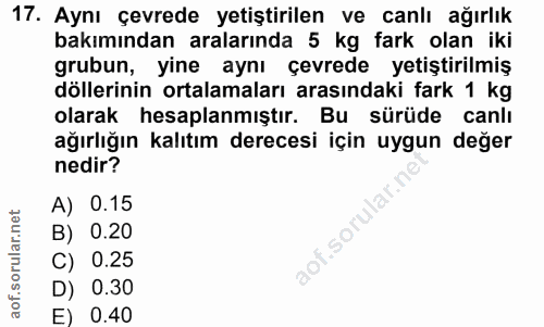 17. soru: Aynı çevrede yetiştirilen ve canlı ağırlık bakımından aralarında 5 kg fark olan iki grubun, yine aynı çevrede yetişti…
