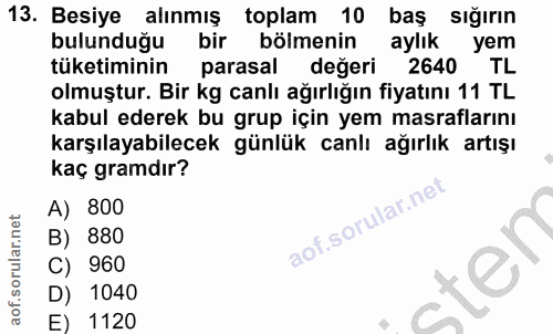 13. soru: Besiye alınmış toplam 10 bas siğırın bulunduğu bir bölmenin aylık yem tüketiminin parasal degeri 2640 TL olmuştur. Bi…
