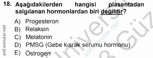 18. soru: Aşağıdakilerden hangisi plasentadan salgılanan hormonlardan biri değildir? A) Progesteron B) Relaksin C) Melatonin D)…