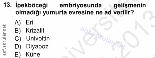 13. soru: ipekböceği embriyosunda gelişmenin olmadığı yumurta evresine ne ad verilir? A) Eri B) Krizalit C) Univoltin D) Diyapo…