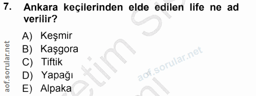 7. soru: Ankara keçilerinden elde edilen life ne ad verilir? A) Keşmir B) Kaşgora Tiftik Yapağı E) Alpaka