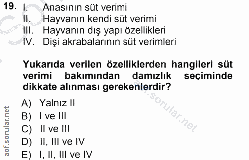 19. soru: I. Anasının süt verimi I1. Hayvanın kendi süt verimi Hayvanın dış yapı özellikleri IV. Dişi akrabalarının süt verimle…