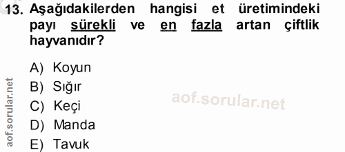 13. soru: Aşağıdakilerden hangisi et üretimindeki payı sürekli ve en fazla artan çiftlik hayvanıdır? A) Koyun B) Sığır C) Keçi…