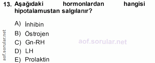 13. soru: Aşağıdaki hormonlardan hangisi hipotalamustan salgılanır? A) İnhibin .net B) Östrojen orular. C) Gn-RH D) LH aof. E)…