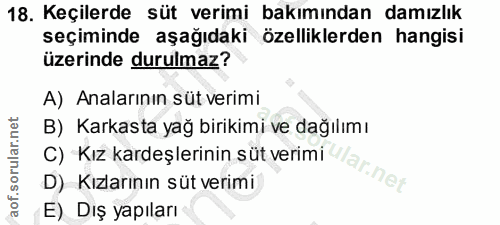 18. soru: Keçilerde süt verimi bakımından damızlık seçiminde aşağıdaki özelliklerden hangisi üzerinde durulmaz? A) Analarının s…