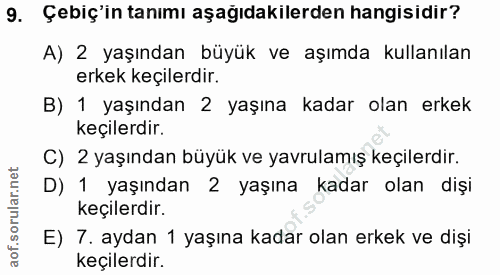 9. soru: Çebiç'in tanımı aşağıdakilerden hangisidir? A) 2 yaşından büyük ve aşımda kullanılan erkek keçilerdir. B) 1 yaşından…