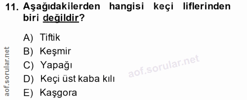 11. soru: Aşağıdakilerden hangisi keçi liflerinden biri değildir? A) Tiftik B) Keşmir C) Yapağı D) Keçi üst kaba kılı E) Kaşgora