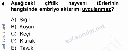 4. soru: Aşağıdaki çiftlik hayvanı türlerinin hangisinde embriyo aktarımı uygulanmaz? A) Sığır B) Koyun C) Keçi D) Kısrak E) T…