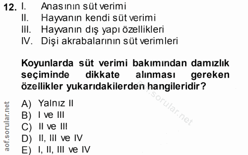 12. soru: 1. Anasının süt verimi II. Hayvanın kendi süt verimi II. Hayvanın dış yapı özellikleri IV. Dişi akrabalarının süt ver…