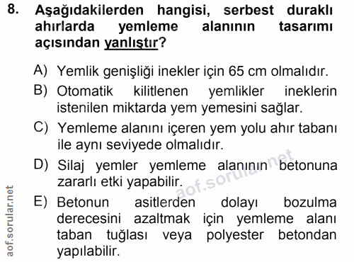 8. soru: Aşağıdakilerden hangisi, serbest duraklı ahırlarda yemleme alanının tasarımı açısından yanlıştır? A) Yemlik genişliği…