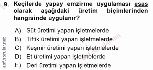 9. soru: Keçilerde yapay emzirme uygulaması esas olarak aşağıdaki üretim biçimlerinden hangisinde uygulanır? A) Süt üretimi ya…
