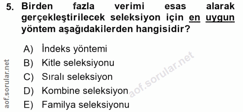 5. soru: Birden fazla verimi esas alarak gerçekleştirilecek seleksiyon için en uygun yöntem aşağıdakilerden hangisidir? A) İnd…