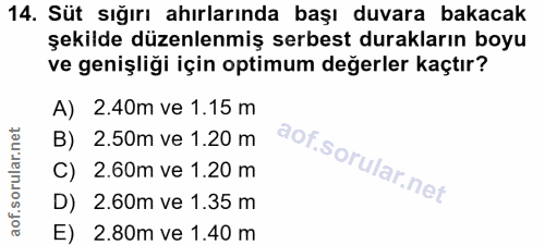 14. soru: Süt sığırı ahırlarında başı duvara bakacak şekilde düzenlenmiş serbest durakların boyu ve genişliği için optimum değe…