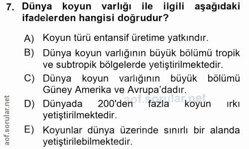 7. soru: Dünya koyun varlığı ile ilgili aşağıdaki ifadelerden hangisi doğrudur? A) Koyun türü entansif üretime yatkındır. B) D…