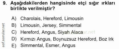 9. soru: Aşağıdakilerden hangisinde etçi sığır ırkları birlikte verilmiştir? A) Charolais, Hereford, Limousin B) Limousin, Jer…