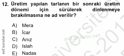 12. soru: Uretim yapılan tarlanın bir sonraki üretim dönemi sürülerek dinlenmeye bırakılmasına ne ad verilir? A) Mera B) icar C…