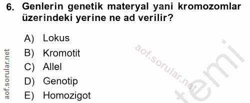 6. soru: Genlerin genetik materyal yani kromozomlar üzerindeki yerine ne ad verilir? A) Lokus B) Kromotit aof.sorular.nd C) Al…