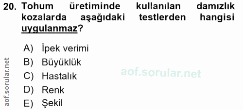 20. soru: Tohum üretiminde kullanılan damızlık kozalarda aşağıdaki testlerden hangisi uygulanmaz? A) Ipek verimi B) Büyüklük C)…