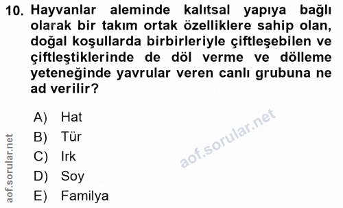 10. soru: Hayvanlar aleminde kalıtsal yapıya bağlı olarak bir takım ortak özelliklere sahip olan, doğal koşullarda birbirleriyl…